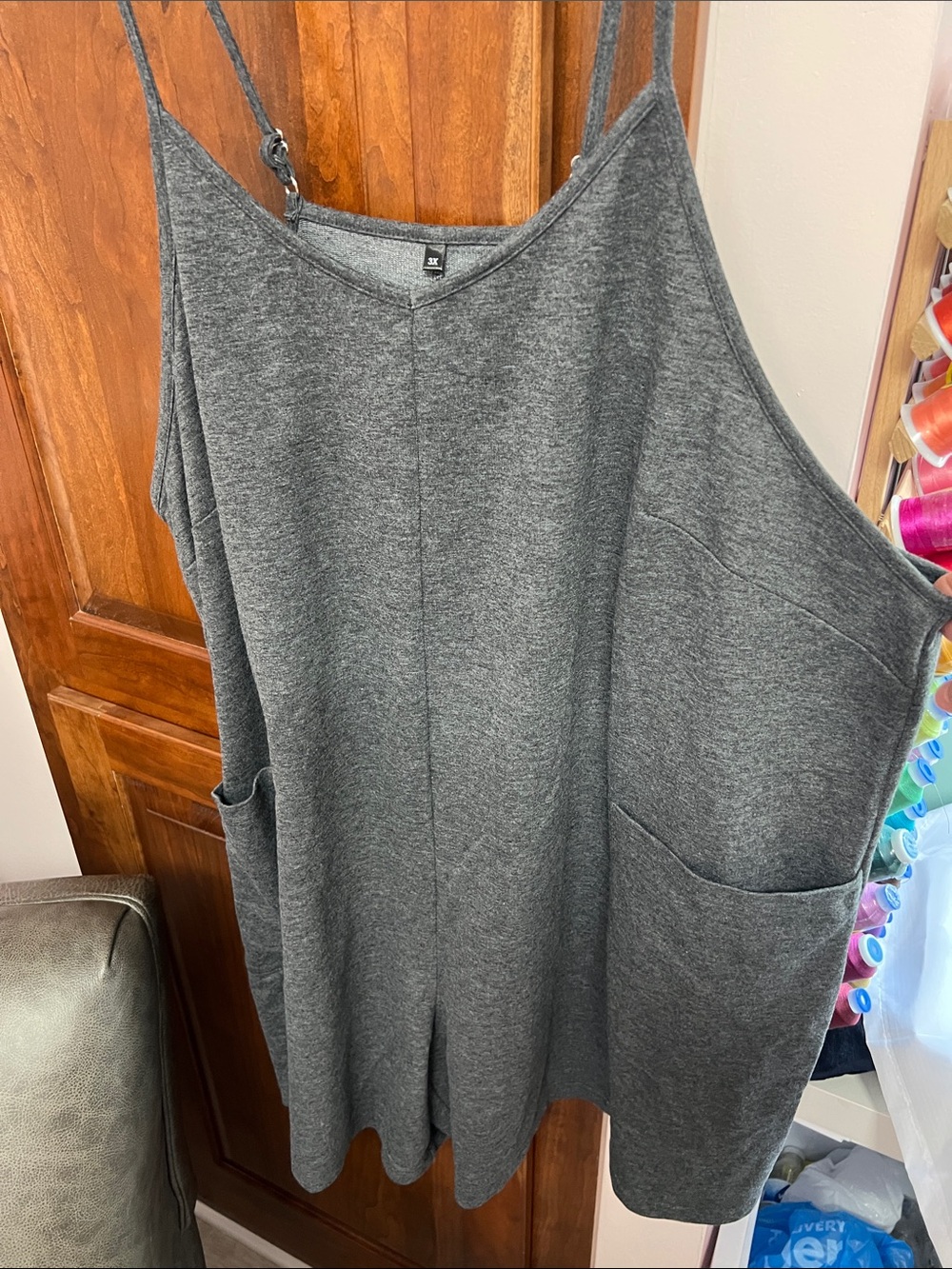 Relaxed Charcoal Gray Knit Romper with Pockets